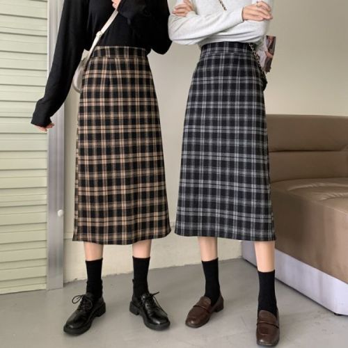 Woolen plaid skirt women's autumn and winter 2021 new medium length split high waist retro A-shaped wrap hip skirt