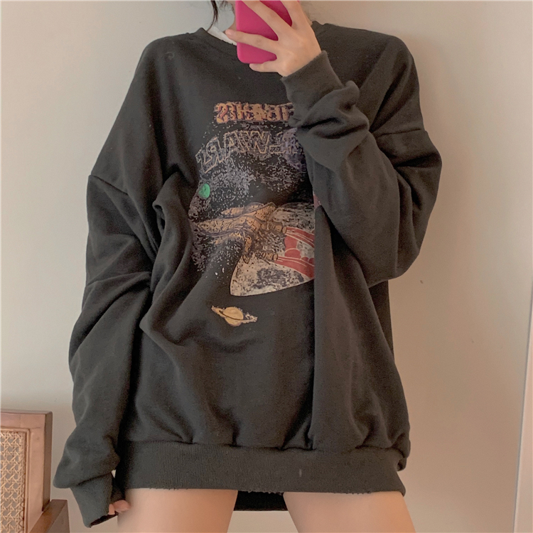 Real shot real price loose BF lazy style old printed long sleeve coat medium long Pullover Sweater
