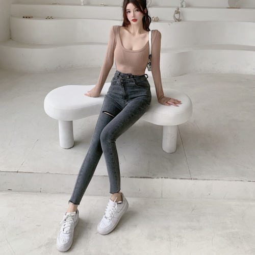 Real shot real price Korean minority design elastic pants women's high waist slim retro jeans trend