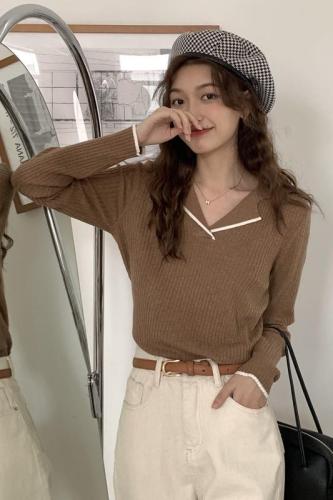 Real price Korean version of new autumn French Lapel lace contrast long sleeve retro Hong Kong style sweater sweater