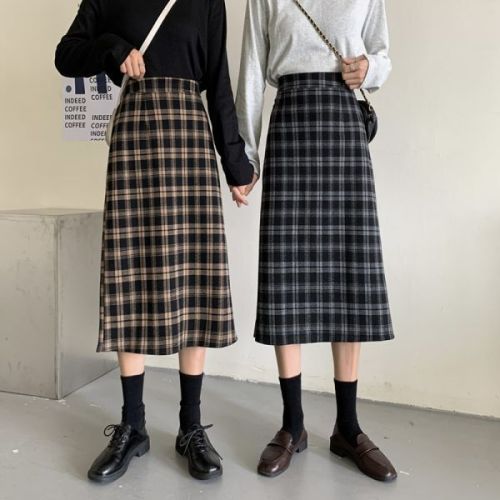 Woolen plaid skirt women's autumn and winter 2021 new medium length split high waist retro A-shaped wrap hip skirt