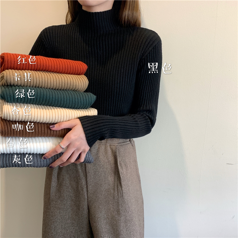 Core spun yarn sweater women's autumn and winter thickened slim fit long sleeve inner sweater Korean half high neck black versatile