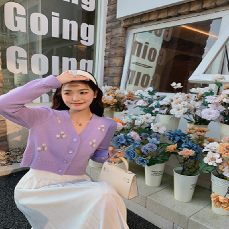 2021 new early autumn Embroidered Flower sweater coat cardigan women's short small V-neck top Vintage sweater