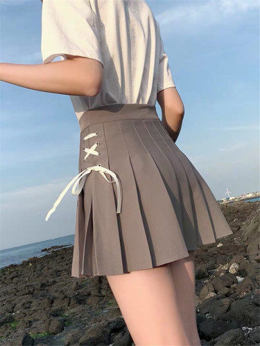 2021 spring and summer real price high waist design feeling bandage pleated skirt A-line skirt short skirt half skirt female