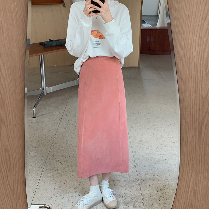 Real shooting corduroy split skirt women's autumn and winter 21 new medium length A-shaped high waist thin Hip Wrap Skirt