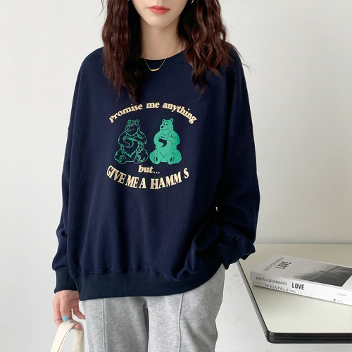 Real price blue round neck sweater women's autumn printing loose thin long sleeve lazy early autumn top