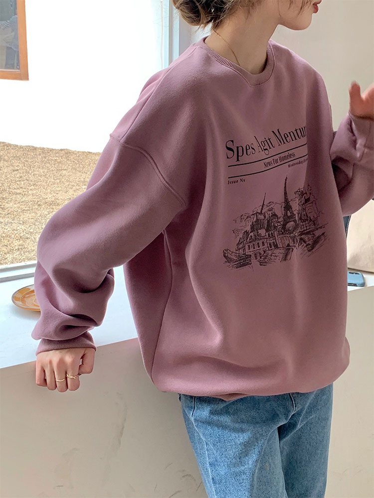 Real shot 2021 Korean loose round neck sweater women's ins vintage print with plush Pullover lazy top