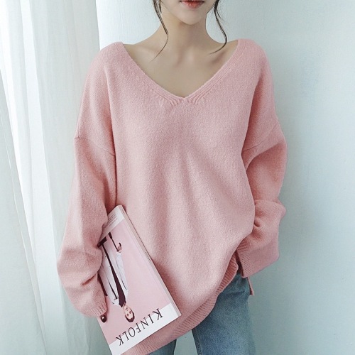 Autumn and winter loose lazy wind Pullover medium long V-Neck Sweater bottomed long sleeve cashmere sweater women