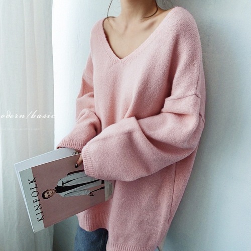 Autumn and winter loose lazy wind Pullover medium long V-Neck Sweater bottomed long sleeve cashmere sweater women