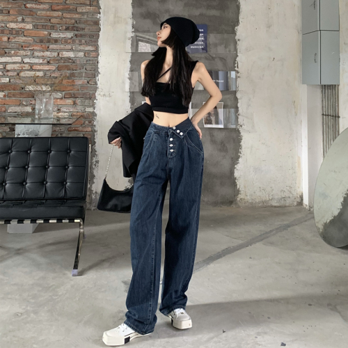 Real price button jeans women's spring and autumn loose wide legs 2021 slim design straight tube mopping the floor