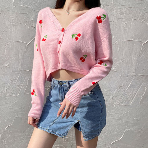 Lovely cherry girl heart Pink Knitted short coat women's versatile thin long sleeve top