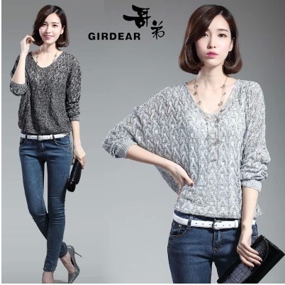 Autumn new V-Neck long sleeve sweater women's loose twist hollow out bat sleeve sweater coat