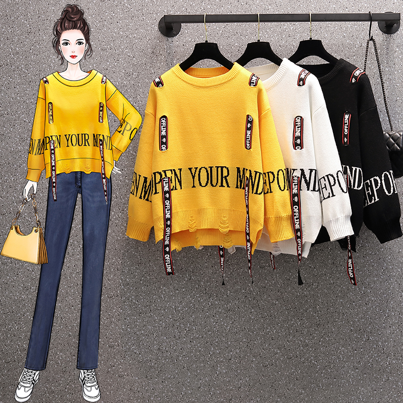 Real shooting of large women's clothing 2021 autumn new foreign style age reducing Knitted Top fat mm fashion thin belly covering sweater