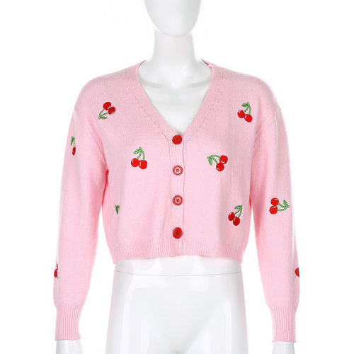 Lovely cherry girl heart Pink Knitted short coat women's versatile thin long sleeve top