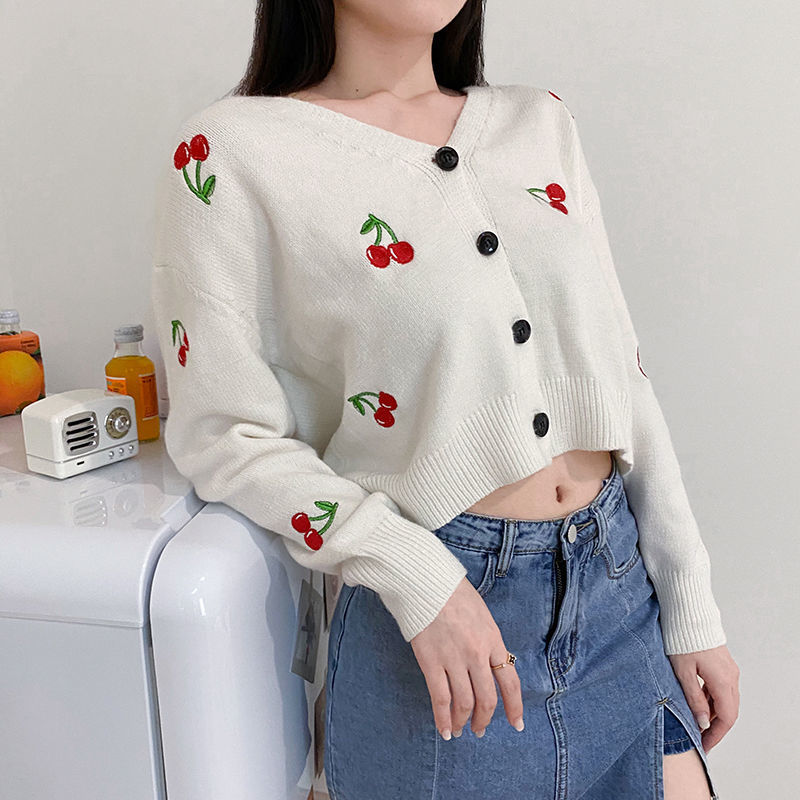 Lovely cherry girl heart Pink Knitted short coat women's versatile thin long sleeve top