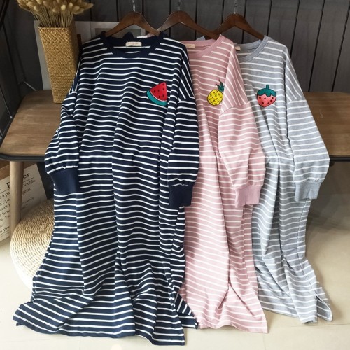Spring and autumn knee length Nightgown striped fruit Korean fresh super long size loose student 200kg