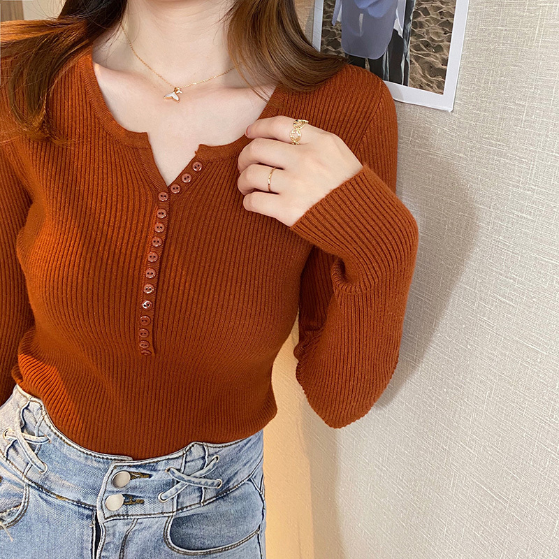 V-neck bottomed shirt women's spring and autumn 2021 new foreign style sweater with long sleeve thin slim knit top