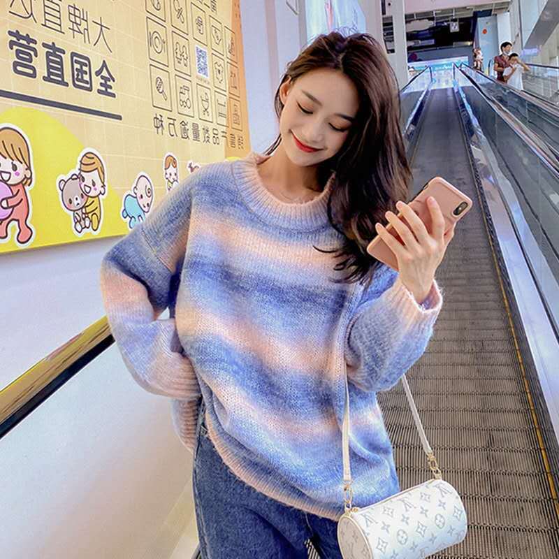 Japanese color sweater women's loose cover new Rainbow Stripe lazy sweater for the first year
