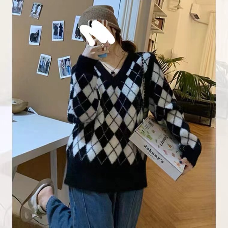 Sunnydand Memphis checkerboard ~ soft waxy college style comfortable lazy sweater women's 2021 new style