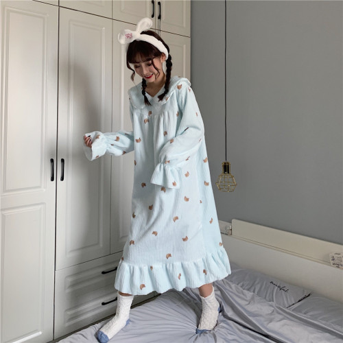 Real shooting autumn and winter lovely sweet coral velvet thickened Nightgown extended flannel pajamas women's nightdress