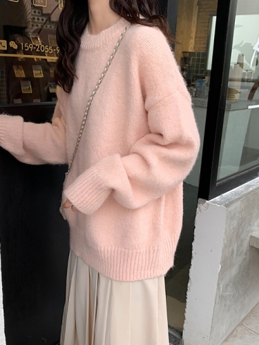Peach powder soft waxy mohair sweater women's loose gentle lazy wind autumn and winter new knitted outerwear top