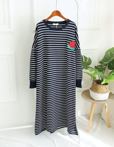 Spring and autumn knee length Nightgown striped fruit Korean fresh super long size loose student 200kg