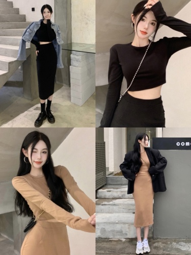 Real price retro temperament tight elastic thin bottomed top high waist thin skirt two-piece set