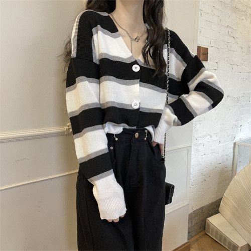 Real price real shot autumn and winter coat lazy sweater color matching stripe long sleeve minority knitted cardigan women