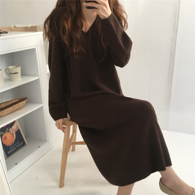 Korean onepiece slim V-neck chic multicolor rabbit hair knitted dress long skirt thickened sweater loose
