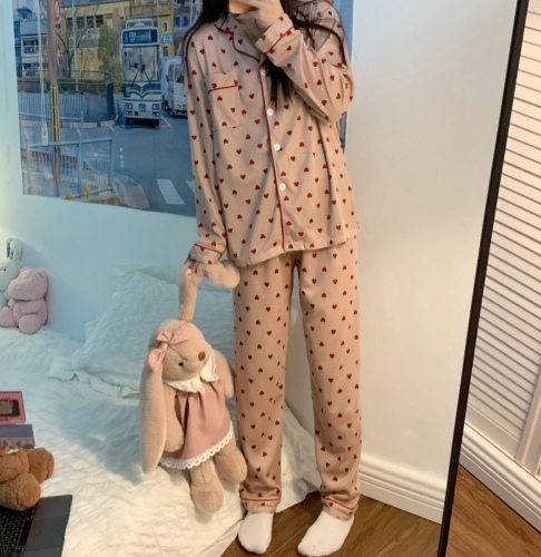 Real price Korean Pink Leopard Print pajamas women's style long sleeved trousers two-piece love Lapel home clothes