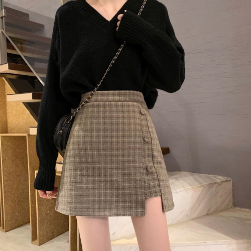 Real price woolen Plaid short skirt A-shaped high waist thin autumn and winter retro versatile Hip Wrap Skirt