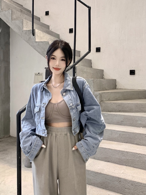 Real shooting real price versatile suspender high waist slim casual mops loose short denim jacket set