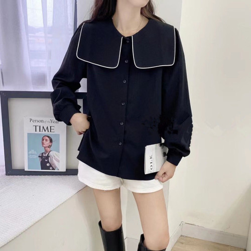 Korea dongdamen autumn retro college wind Navy collar age reducing shirt women's versatile loose shirt top