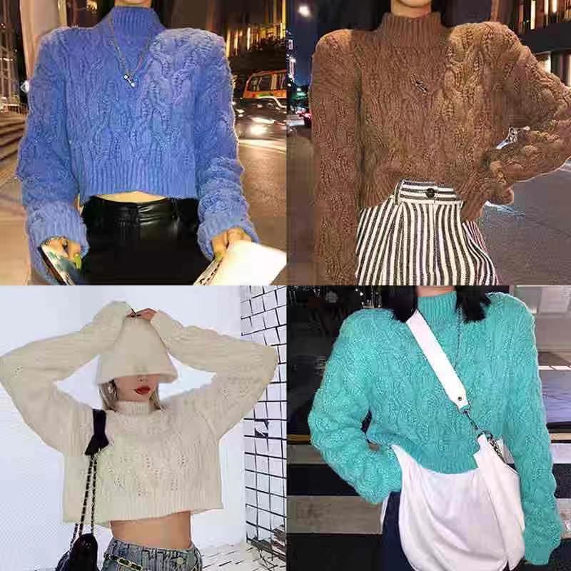 2021 Korea autumn new high neck thickened long sleeve short loose Pullover solid color sweater