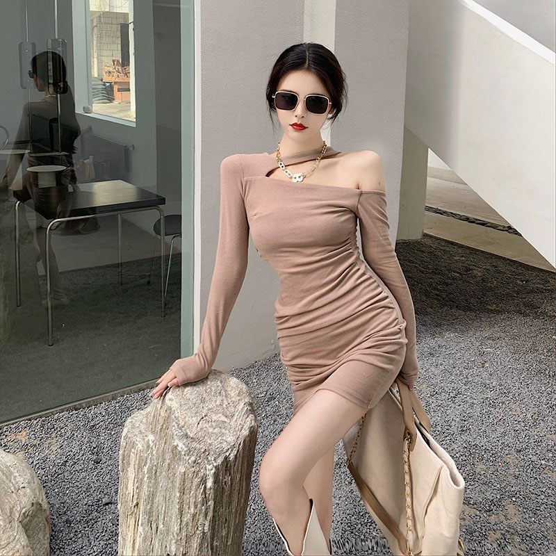 Real price! Gas sexy one shoulder off shoulder tight bag hip with long sleeve hanging neck bottomed dress