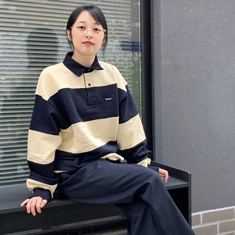 Campbell's same neutral retro style wide stripe embroidery small letter Lapel loose sweater Korea
