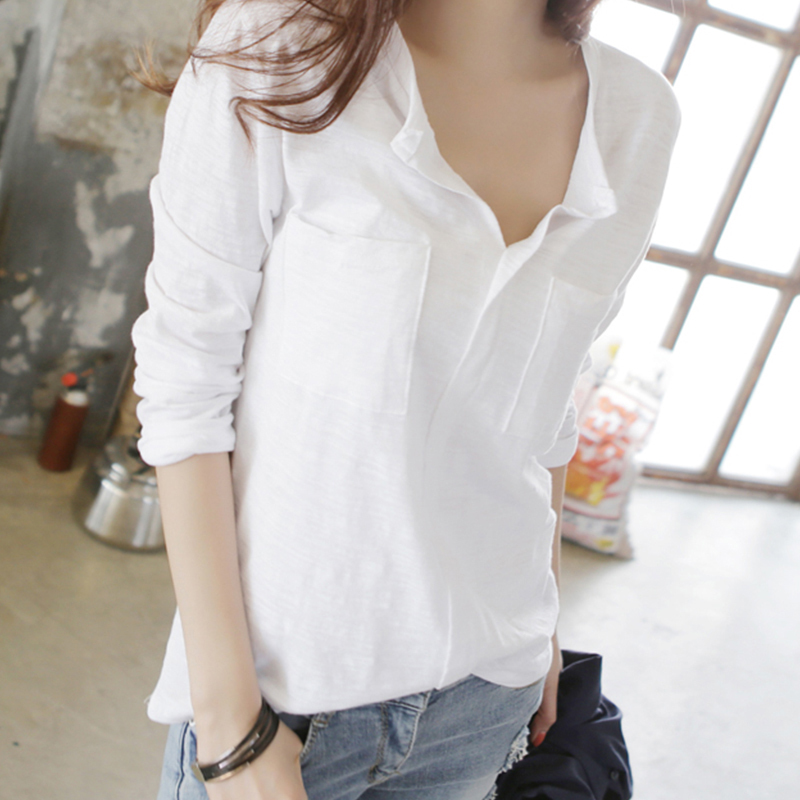 2021 spring and Autumn New Korean long sleeve T-shirt women's V-neck slim fit casual pocket bottomed Shirt Top