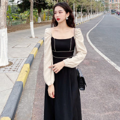 2021 new college style small square neck design high waist thin autumn winter fashion dress hot girl