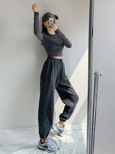 Fried Street American loose sweatpants women's casual Leggings spring and autumn Plush gray high waist straight guard pants