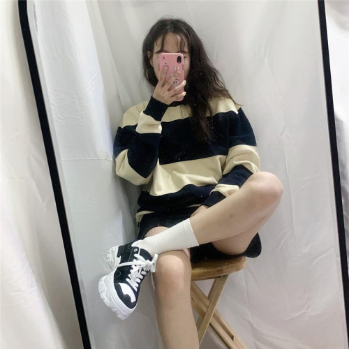 Campbell's same neutral retro style wide stripe embroidery small letter Lapel loose sweater Korea