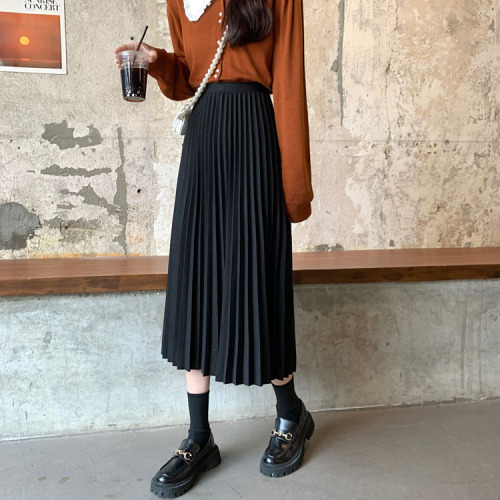 Real price ~ New Korean college style retro versatile pleated skirt medium long A-line skirt, women's skirt