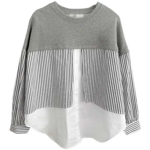 Nordic minority autumn design stripe stitching sweater fake two loose casual long sleeve shirt women's top