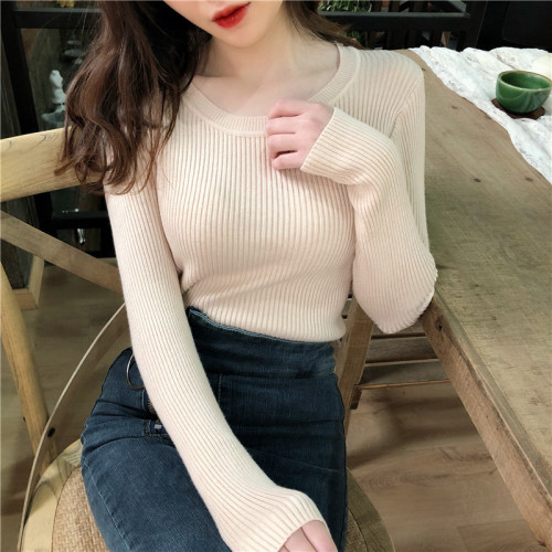 Autumn and winter new Korean versatile round neck striped Pullover Sweater elastic long sleeve knitted bottoming shirt