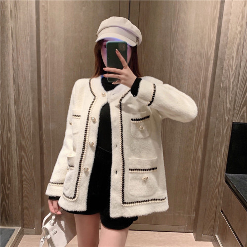 Real shooting Korean version solid color imitation mink jacket autumn and winter new women's long sleeve versatile small fragrance coat