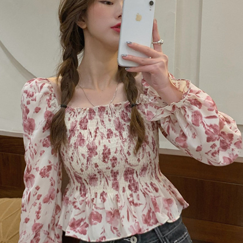 French sweet retro floral bubble sleeve shirt women's minority design sense closed waist short open collarbone square neck top