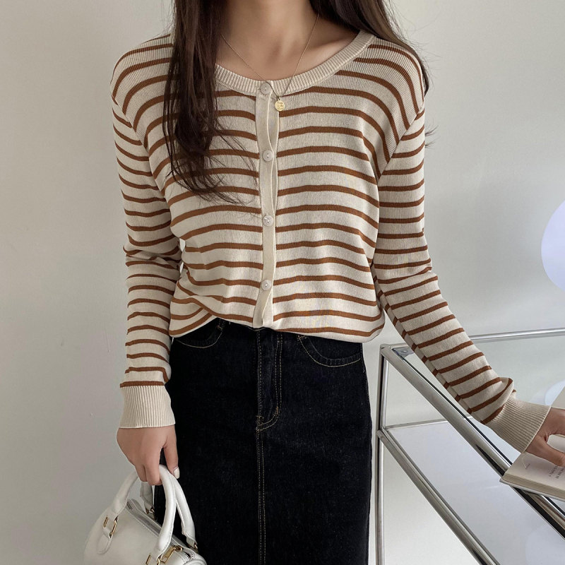 Real shot real price Korean version ins style loose stripe knitted cardigan jacket with women