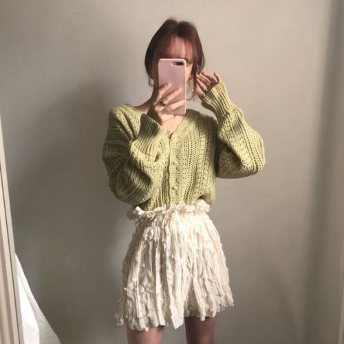 Ghost horse Girl Korean Chic Vintage hook flower lace hollowed out sweet foreign style age reducing versatile knitted cardigan sweater