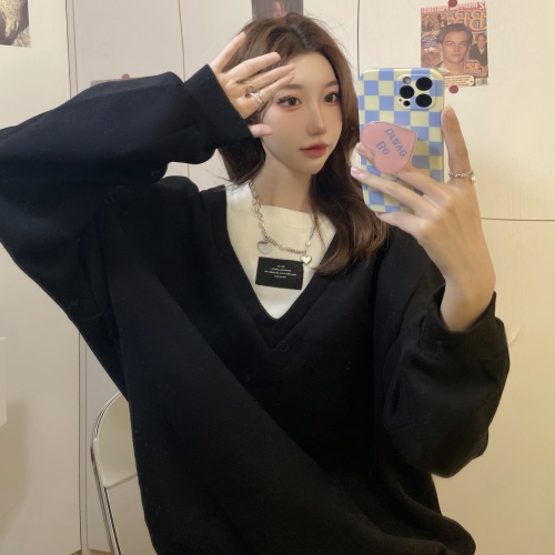 Real price real shooting new lazy style thickened Plush long sleeve fake two-piece contrast color stitched loose sweater