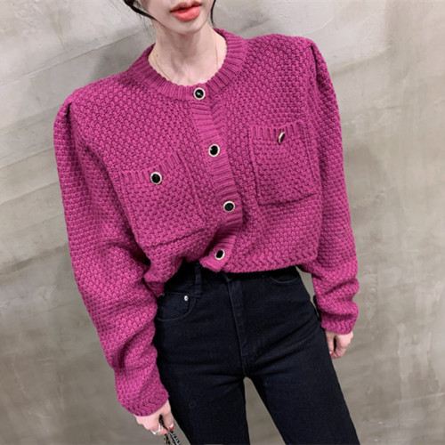 Korean chic early autumn Vintage round neck chic button loose double pocket design bubble sleeve knitted sweater