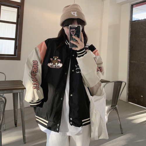 Double layer sleeve bear towel embroidered coat women's spring and autumn thin Baseball Jacket loose ins jacket
